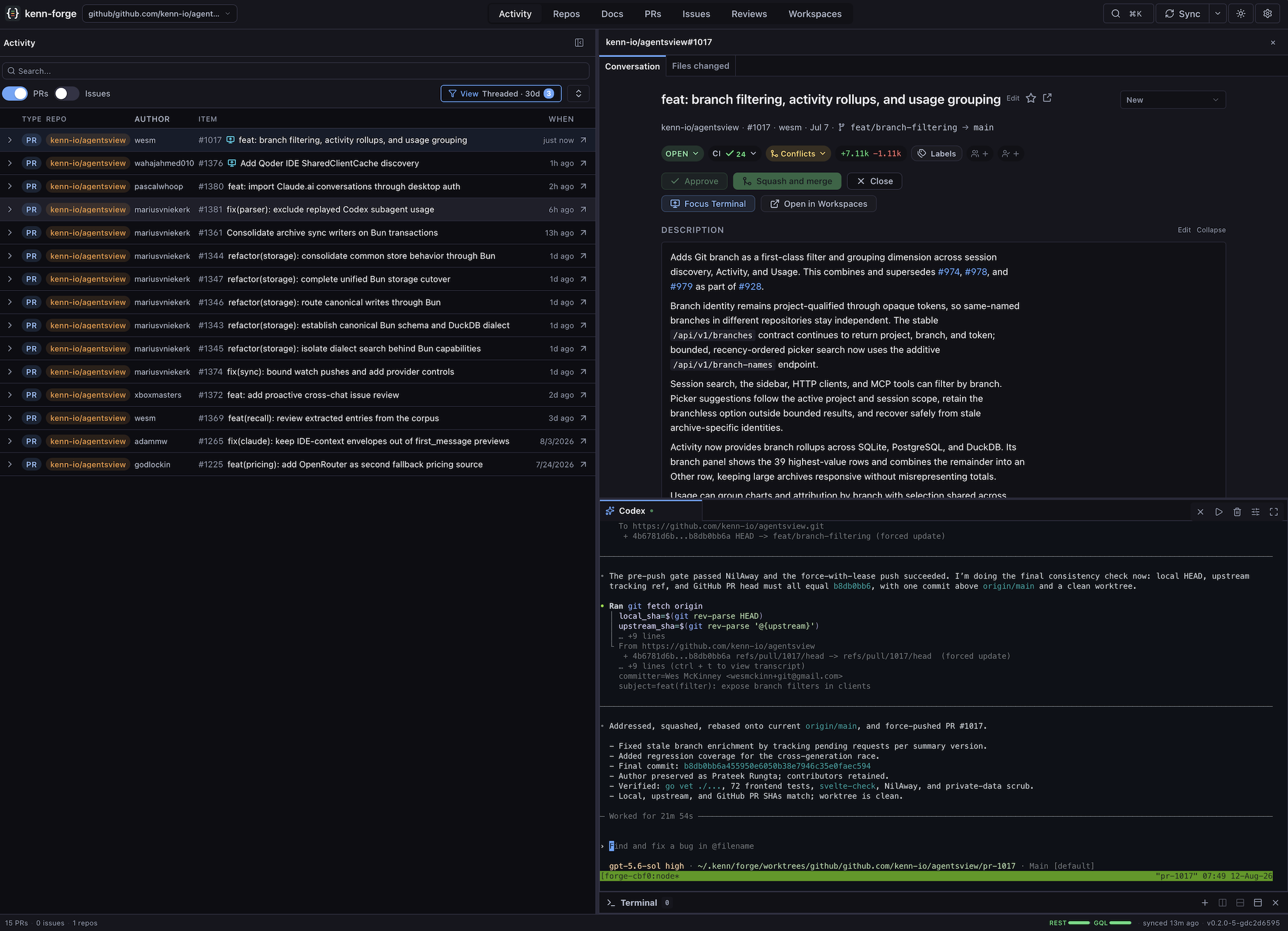 A screenshot of working on a PR in Kenn Forge.